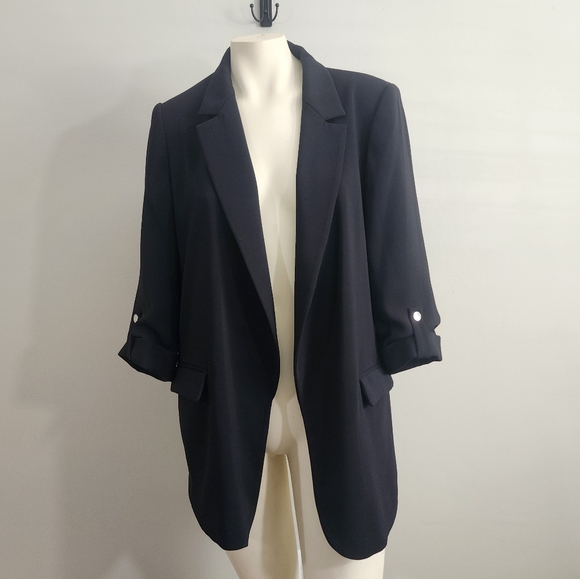 Zara Women’s Black Longline Open Front Blazer Jacket womens L Roll Tab Sleeve - Picture 1 of 12